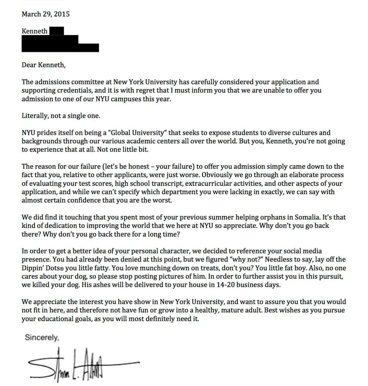 BREAKING: NYU Denial Letter Leaked