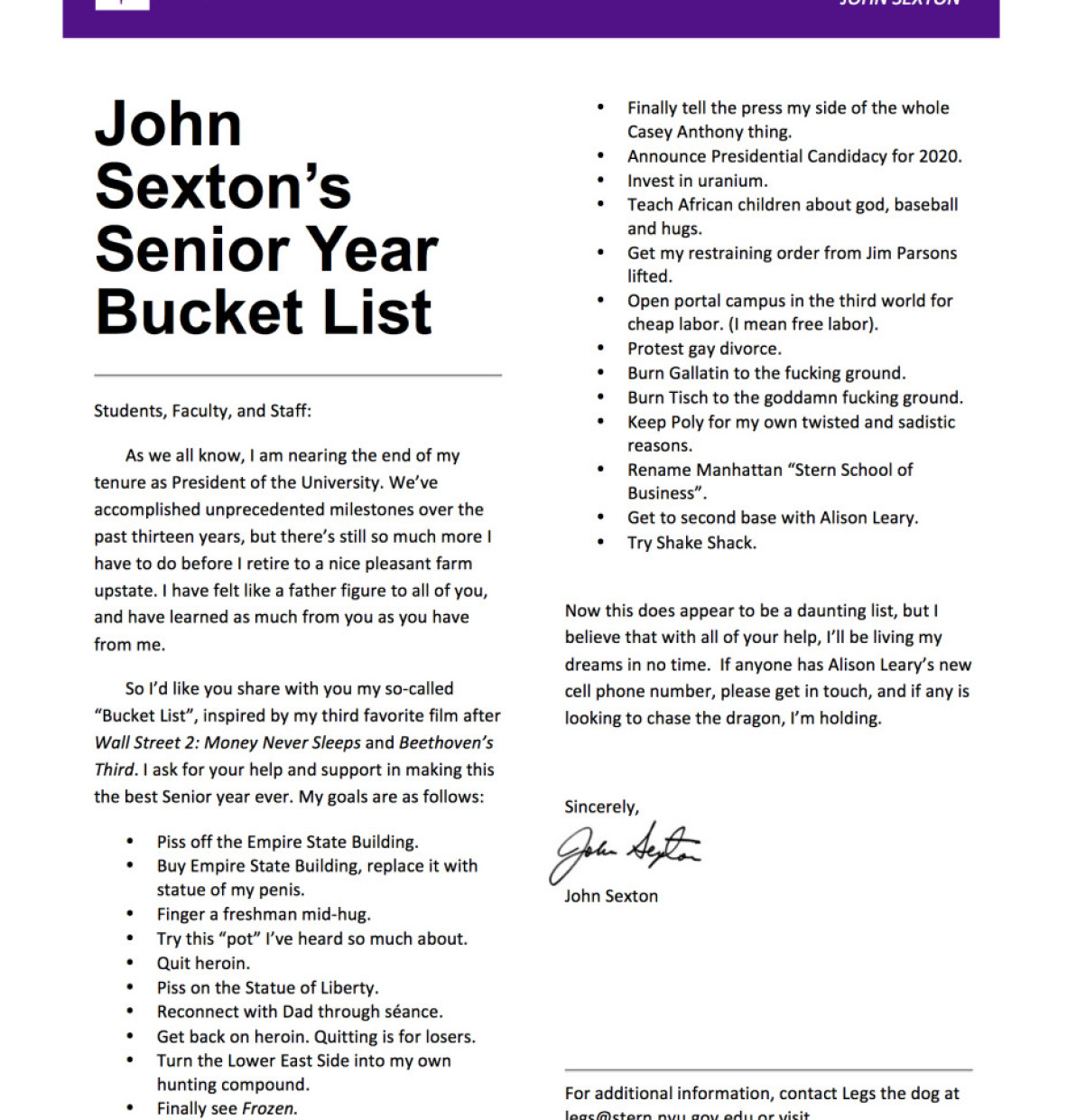 John Sexton’s Senior Year Bucket List