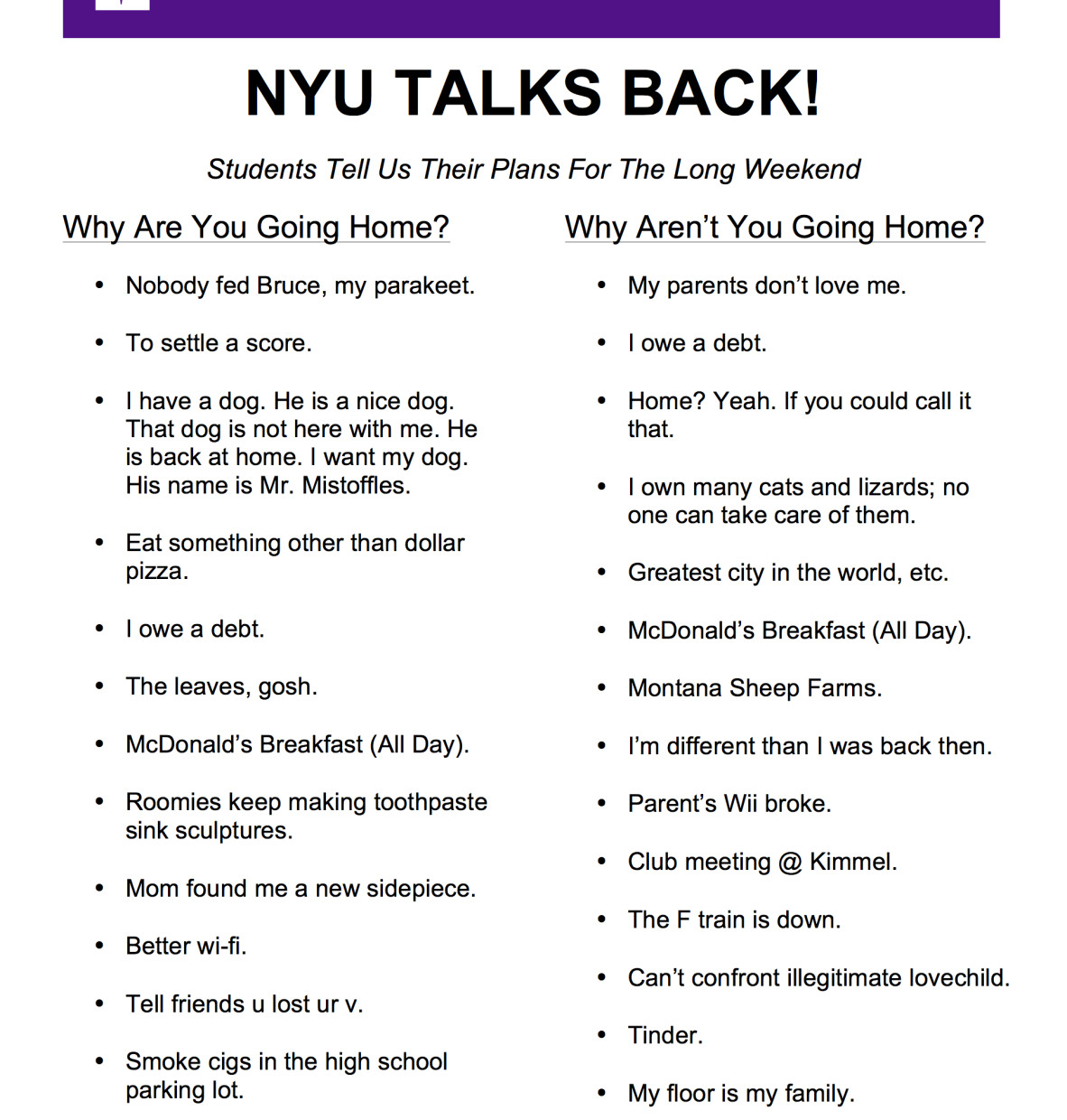 NYU Talks Back! Students Share Why They’re Choosing To Go Home or Not This Fall Break